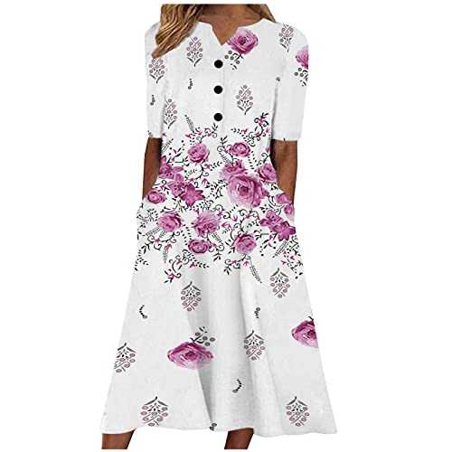 Midi Dresses for Women UK Short Sleeve V Neck Button Floral Dress Summer Casual Loose Fit Long Dresses with Pockets Comfy Lounge T Shirts Dress Beach Holiday Plus Size Elegant Sundress Sale