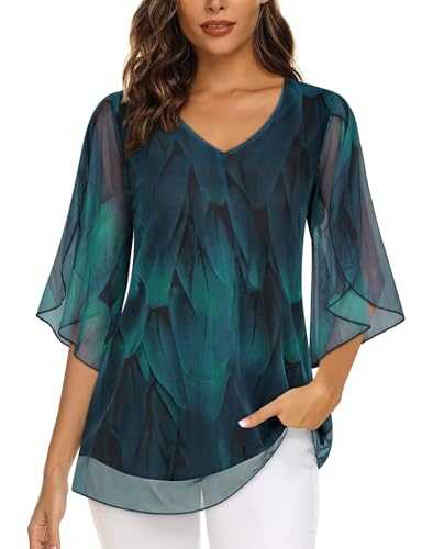 Womens Overlap Ruffle Sleeve V Neck Elastic Mesh Blouse Loose Flowy Tunic Tops