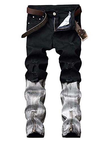 DSDZ Men's Punk Style Ripped Slim Fit Paint Jeans with Bottom Zippers