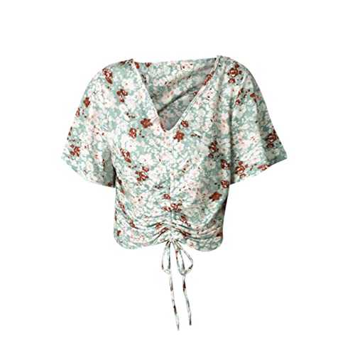 Ladies Tops Summer Crop Top Women Drawstring Floral Print Short Sleeve Loose Casual Ruffled Sleeve Blouses