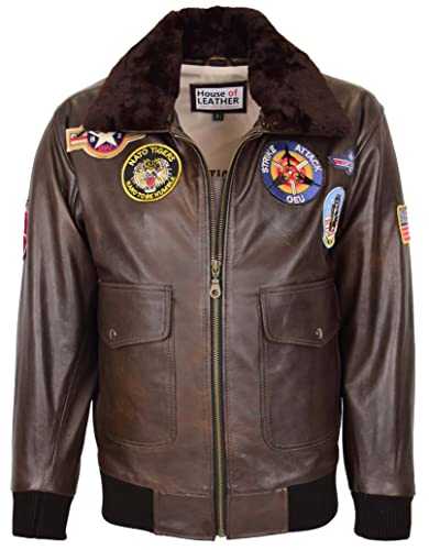 Mens Real Leather Bomber Jacket Air Force Pilot Style Lester Brown