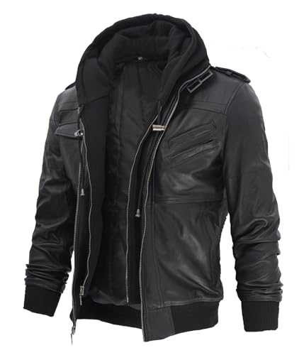 fjackets Real Leather Bomber Jacket - Motorcycle Casual Stand Collar with a Removable Hood | [1100165] Edinburgh Black, XL