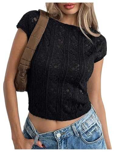 GORGLITTER Women's Boat Neck Cap Sleeve Lace Tops Slim Fit Cropped T Shirts Going Out Top