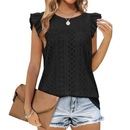 Aokosor Tops for Women Summer Vest Tops Ladies Crew Neck Sleeveless Tank Ruffle Sleeves