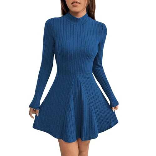 Zhsxertwy Women's Summer Dresses Women's Fall Short Dress Ribbed Knit Crewneck Long Sleeve A Line Flowy Casual Elegant Cute Going Out Dresses Ladies Dresses Size 12 Knee Length