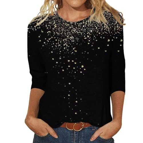 Womens Sparkly Sequin Tops Crew Neck 3/4 Sleeve Shiny T Shirts Evening Clubbing Party Blouses Top Glitter Casual Tee Shirt Ladies Fashion Outfits
