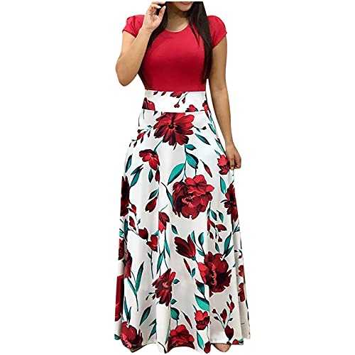 AMhomely Summer Dress for Women Sale UK Clearance Fashion Ladies Short Sleeve Floral Boho Printing Long Dress Ladies Casual Dress Party Elegant Dresses Beach Casual Dress