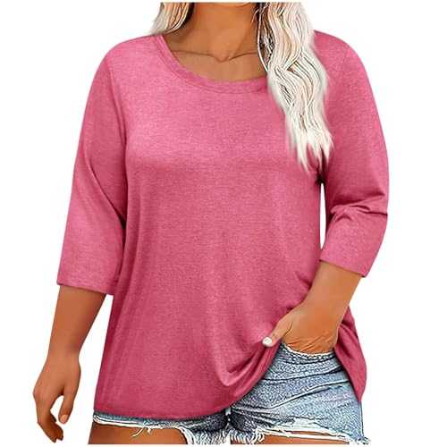Summer Tops for Women UK 2025 Casual 3/4 Length Sleeve Blouse Dressy Trendy Solid Color Round Neck Loose Fit Shirts Comfy Lightweight Going Out Tshirts Cotton Breathable Tee Tops