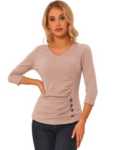 Allegra K Women's V Neck Blouse 3/4 Sleeves Solid Knitted Buttons Decor Ruched Top