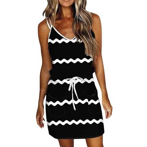 Summer Dresses for Women UK Fashion Solid Color Striped Print Mini Dress Elegant V Neck Sleeveless Spaghetti Dress Casual Loose Fit Tie Up Dresses Looking Glam Beach Wear Bodycon Dress for Party