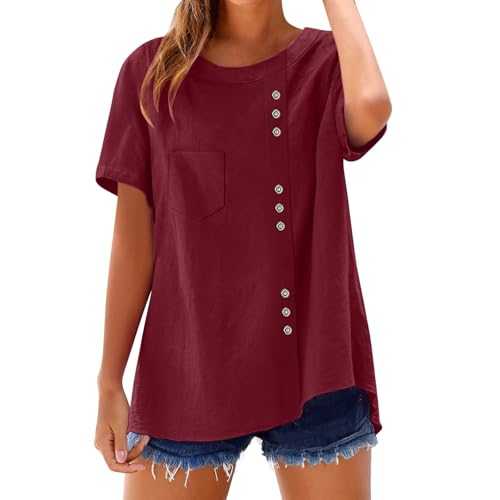 Summer Cotton Linen Tops for Women UK Casual Short Sleeve Blouse Round Neck Button T-Shirt with Pocket Fashion Loose Beach Blouses Simple Solid Color Shirts Ladies Comfortable Breathable Tees