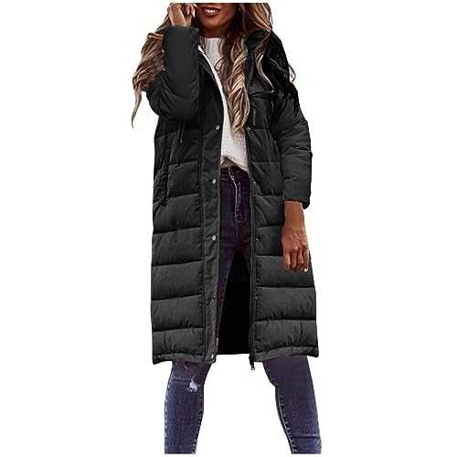 Long Coat for Women Solid Maxi Puffer Jacket Women,Longline Padded Cotton Quilted Coat Long-fit Hoodie Winter Warm Hooded Parka Pockets Coats Down Coat with Hood for Ladies UK Loose Coats Clearance