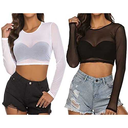Women's Mesh Crop Tops, 2 Pack Sexy See Through Short Sleeve Vest, Long Sleeve Round Neck Slim Fit Shirt Sheer Blouse T Shirt Casual Basic Crop Tops for Party Clubwear