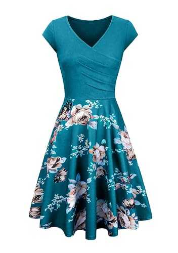 YMING Women's Swing Short Sleeve Dress Painted Slim Fit V Neck Dress
