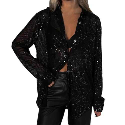 Womens Sequin Blouses Loose Fit Long Sleeve Button Down Lapel Shiny Party Tops Fashion Novelty Nightclub Plus Size Shirts Ladies Open Front Sparkly Glitter Clothes