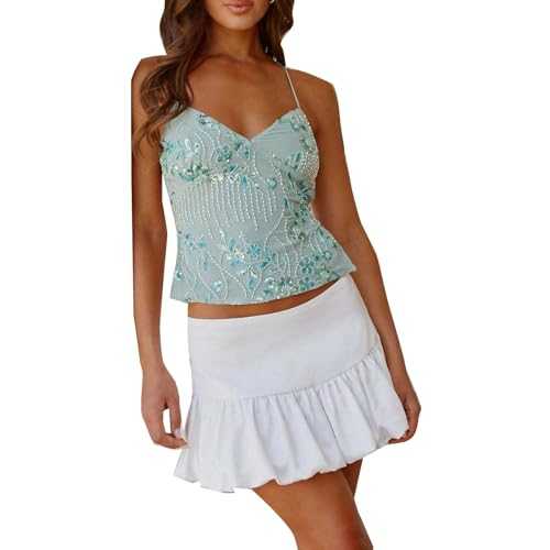 Edhomenn Women Y2K Sequin Cami Top V Neck Criss Cross Straps Tank Cute Sparkle Backless Crop Tops Sexy Sleeveless Spaghetti Strap Tops