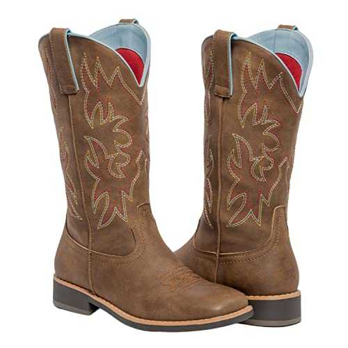 SheSole Womens Cowboy Boots Square Toe Mid Wide Calf Ladies Cowgirl Boots Brown Tan Boot