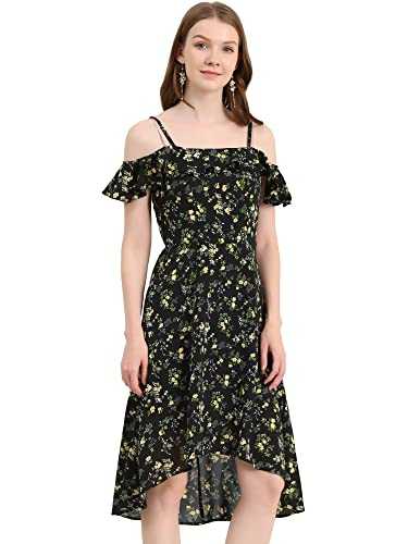 Allegra K Women's Spaghetti Strap Ruffled Sleeves Asymmetrical High Low Floral A-Line Midi Dress