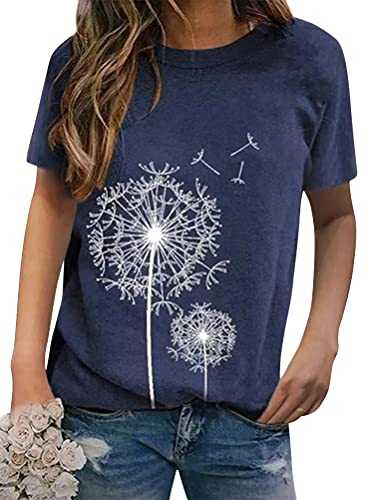 Dresswel Women Dandelion T-Shirt Cute Graphic Print Crew Neck Short Sleeve Summer Tops Basic Tshirts