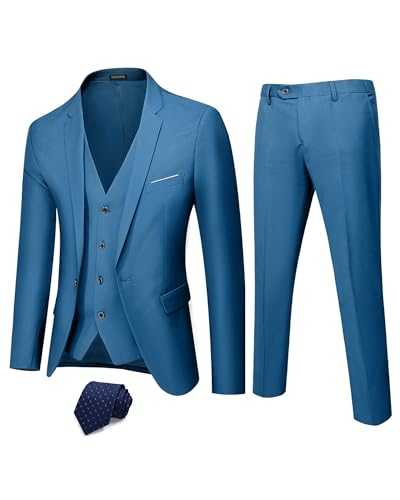 Hihawk Men’s 3 Piece Suit with Stretch Fabric, Slim Fit One Button Blazer Jacket, Waistcoat and Trousers Set with Tie