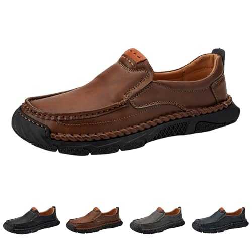 Slip-Resistant Loafer Shoes Men, Soft Sole Slip-On Formal Leather Shoes with Stitched Detailing Lightweight Business & Casual Oxford Footwear Wedding Party Smart Brogues Brown Derby Shoe
