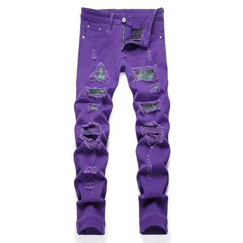 GHYYHG Men's Ripped Patch Elastic Jeans Fashion Slim Fit Regular Denim Pants