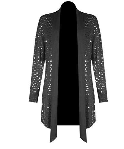 H&F Girls Womens Ladies Waterfall Open Drape Long Sleeve Sparkling Glitter Shiny Sequins Laurex Cardigan Novelty Party Top Floaty Duster Coat Blazer Dress Plus Size 14-28