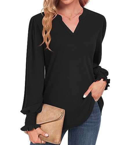 Findsweet Women's Casual Puff Long Sleeve Tops Dressy Elegant V Neck T-Shirts Smocked Cuffs Blouse