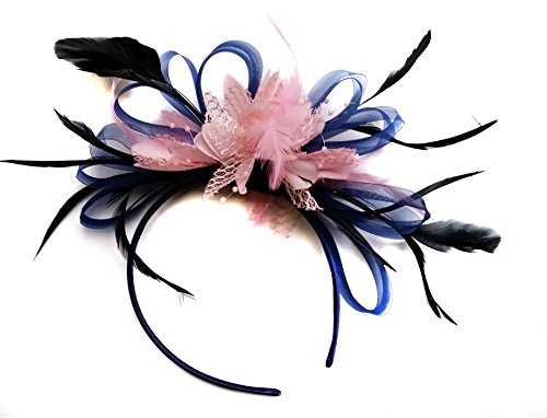 Navy Blue and Baby Pink Feather Hair Fascinator Headband Wedding and Royal Ascot Races Ladies