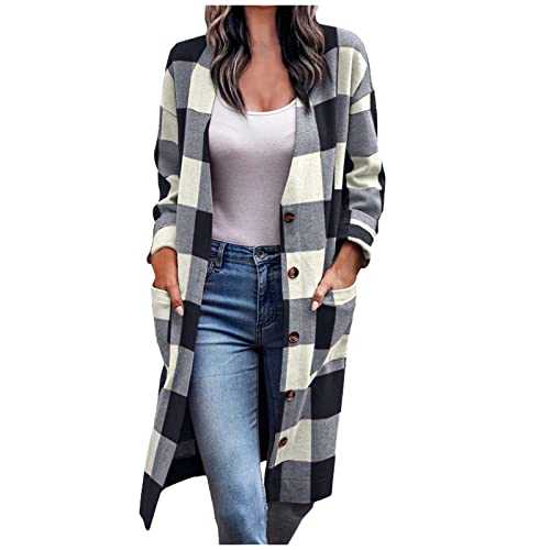 HAOLEI Womens Lounge Lapel Button Up Long Sleeve Plaid Long Shirt Jacket Shacket Ladies Long Fleece Coat Checked Winter Jackets Fall Fashion Thermal Loose Overcoat with Pocket Cardigan Outwear