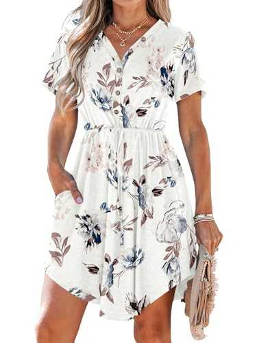 AUSELILY Summer Dresses for Women UK Casual V Neck Short Sleeve Drawstring Midi Dresses with Pockets