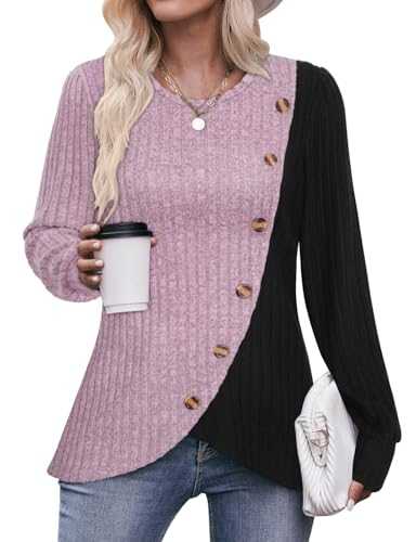 Flikity Ladies Lightweight Jumpers Casual Crew Neck Tops Womens Long Sleeve Tops Buttons Side Tunic Sweatshirts Pullover Sweaters Spring Autumn Winter Clothes S-3XL