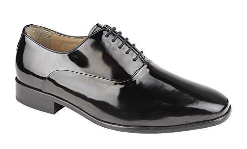 Mens Black Patent Coated Leather 5 Eye Oxford Evening and Uniform Shoe - Black Patent - size UK Mens Size 10