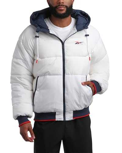 Reebok Men's Bomber Jacket - Quilted Rib Bottom Full Zip Up Hooded Puffer Jacket - Warm Outdoor Jackets for Men (M-XXL)
