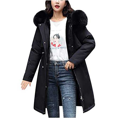 HAOLEI Long Padded Coats for Women UK Clearance Fur Hood Winter Warm Mid Length Long Padded Jacket Solid Ourdoor Quilted Drawstring Waist Thicken Cotton Longline Down Jacket for Ladies
