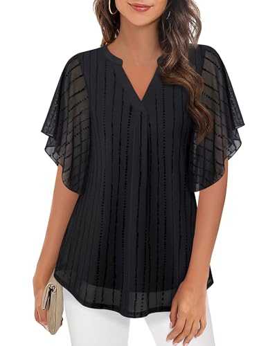 Timeson Women's Short Sleeve V Neck Blouses Shirts Floral Double Layers Mesh Tunics Tops, Black Stripe, Large
