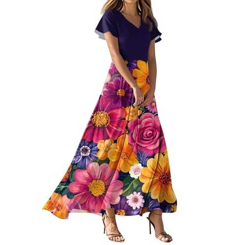 Womens Summer Dresses V-Neck Ruffle Sleeve Floral Print Flowy Long Midi Boho Dresses for Women UK