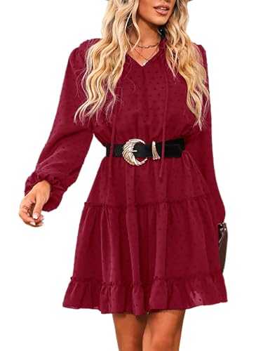 CUPSHE Women's Casual Dress Flounce Drawstring Long Sleeve Dress V-Neck Without Belt Loose Party A-Line Cocktail Mini Dress