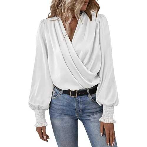 Wrap Top Womens Ladies Satin Silk Cowl Neck Tops Blouses Elegant Long Lantern Sleeve Evening Tops Dressy Casual Business Office Work Shirts Blouses