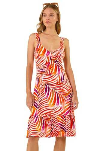 Roman Abstract Print V-Neck Frill Dress for Women UK - Ladies Spring Everyday Summer Holiday Sleeveless Soft Knee Length Comfy Fit & Flare Frock Office Business Gowns