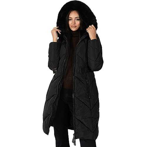 Lovedrobe Women's Winter Jacket Ladies Coat Quilted Padded Faux Fur Hood Belted Puffa Zip Front Pockets Puffer Outerwear
