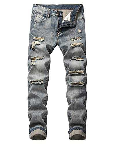 utcoco Men's Slim Fit Mid Waist Straight Leg Ripped Distressed Holes Classic Denim Patches Jeans