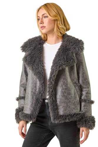 Dusk Fashion Faux Fur Aviator Jacket for Women UK - Ladies Everyday Autumn Winter Comfy Soft Evening Vacation Work Party Night Out