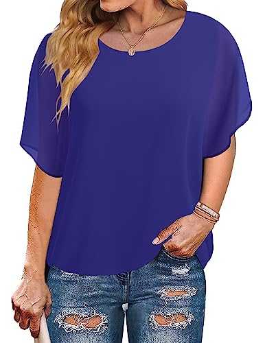 Plus Size Women Chiffon Blouse Batwing Sleeve Tops Scoop Neck Tunic Shirts