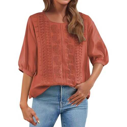 HOOUDO Cotton Linen Ladies Tops Summer Retro 3/4 Sleeve Tunic Top Loose Baggy T-Shirts Plus Size Lightweight Linen Flowy Boho Tee Shirts Blouse