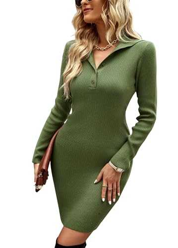 VintageClothing 2023 Women V Neck Long Sleeve Bodycon Sweater Dress Button Up Ribbed Knit Short Dresses