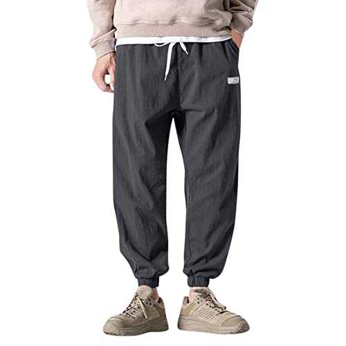 SKTIISN Linen Trousers for Men UK Petite Joggers for Men UK Mens Tracksuit Bottoms Open Hem Lightweight Lightweight Flat Front Pockets Waist Sizes UK 30 Inch to UK 50 Inches Black Joggers