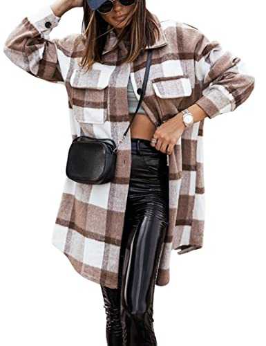 Springrain Women's Casual Plaid Wool Blend Shacket Button Shirt Long Jacket Coat