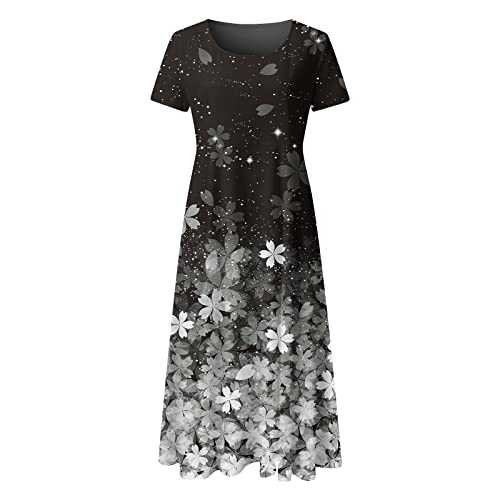 AMDOLE Womens Casual Dresses Women Summer Casual Short Sleeve Floral Printed Crew Neck Loose Dress Boho Beach Long Sundress Dress Casual