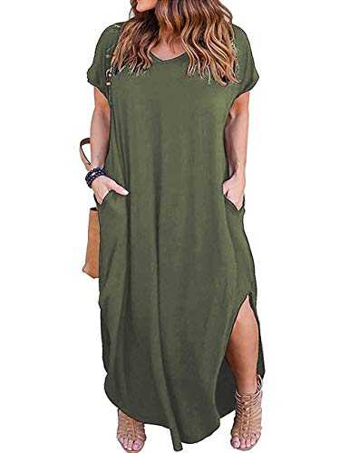 Kancystore Women's Summer Long Dresses Casual Short Sleeve Split Beach Maxi Dress with Pockets